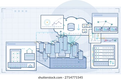 Conceptual illustration depicting data flow and connectivity between cloud computing resources and a stylized cityscape, featuring graphs, charts, and digital elements.