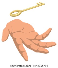 Conceptual illustration depicting human hand and a golden key floating above it.