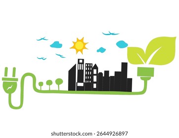 A conceptual illustration depicting the integration of green energy into urban environments. The image features a city skyline with buildings and trees, symbolizing modern living and nature