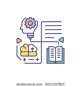 Konzeptionelle Illustration, die Wissenstransfer und innovative Lösungen mit flachem Grafikstil und hellen Farben auf schwarzem Hintergrund darstellt.