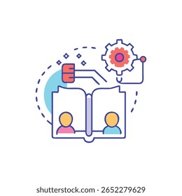 A conceptual illustration depicting knowledge transfer with machine learning. Features vibrant colors, flat design, and a book connected to gears.
