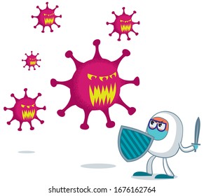 Conceptual illustration depicting medical doctor fighting a deadly virus.