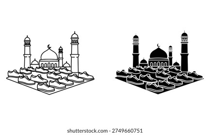 A conceptual illustration depicting rows of shoes lined up outside a mosque, symbolizing the practice of removing footwear before entering sacred spaces. Available in both line art and solid black silhouette.