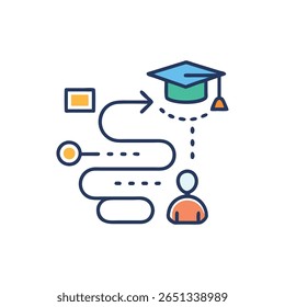 Conceptual illustration depicting a student's path to graduation, symbolized by a winding route culminating in a graduation cap. Flat, outlined style.