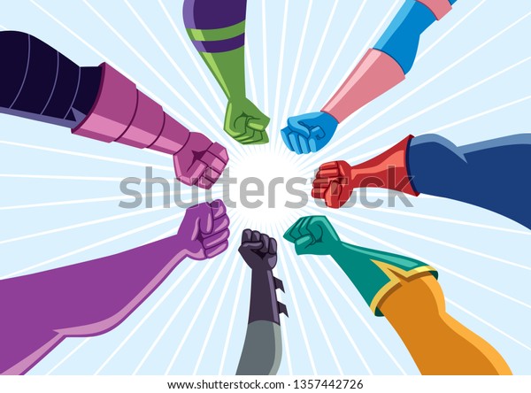 Conceptual illustration depicting team of superheroes assembling against common enemy.