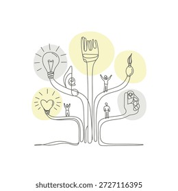 A conceptual illustration depicting a tree of creativity with lightbulbs, paintbrushes, and small figures representing ideas and art.