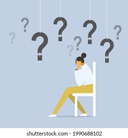 Conceptual illustration of a depressed girl sitting on a chair with questions hanging around her