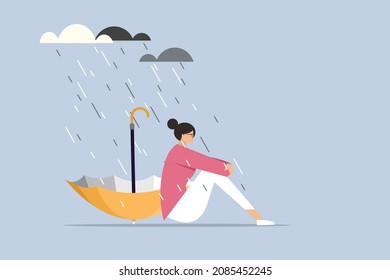 Conceptual illustration of a depressed girl sitting in the rain with an upside down umbrella