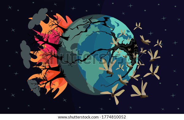 conceptual illustration of destruction of environment and planet earth, global warming and climate change, grasshopper cloud formation, vector illustration