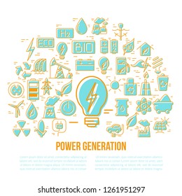 Conceptual illustration with different energy symbols isolated on background. Vector Power generation poster. Green energy banner template