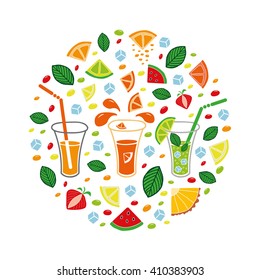 Conceptual illustration with different hand drawn fruit slices and glasses. Poster or banner concept.