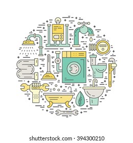 Conceptual illustration with different plumbing symbols isolated on background. Vector plumbing poster. Plumbing service concept.