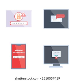 Ilustración conceptual de la notificación de errores de Contraseña digital en el monitor de la computadora y la interfaz de usuario del teléfono inteligente. Representa un intento de acceso incorrecto. Alerta de seguridad de red. problema de Inicio de sesión