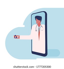 Conceptual illustration of a doctor in a mobile phone giving medicines. Concept of tele medicine through smartphones.