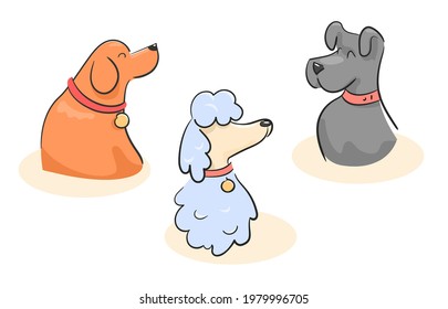 Conceptual illustration of domestic dog set with collars. Sketch of several breeds of dogs: labrador, terrier, poodle. Colored characters friends of people on white background vector