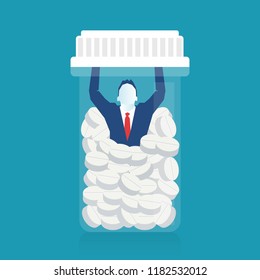 Conceptual Illustration of a Drug Addict Overwhelmed by Illegal Drugs trying to get sober clean Asking for Help. Eps 10 Vector illustration, horizontal image, Minimalist white blue flat design.