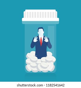 Conceptual Illustration of a Drug Addict Overwhelmed by Illegal Drugs trying to get sober clean Asking for Help. Eps 10 Vector illustration, horizontal image, Minimalist white blue flat design.