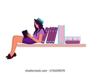 Conceptual illustration of earning, distance learning and self-education. women sitting and reading on a huge pile of books. Modern card for web design with isolated white background. Girl in a hat