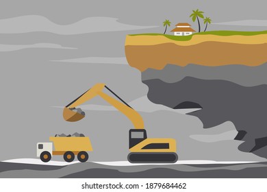 Conceptual illustration of earthmovers quarrying granite stones destroying the environmental equilibrium