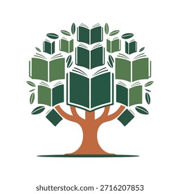 Ilustração conceitual de uma árvore de conhecimento educacional que cresce com livros e folhas em um fundo branco limpo
