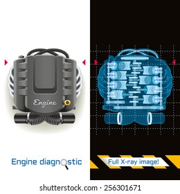 Conceptual illustration of engine diagnostics. X-ray image of the internal combustion engine.