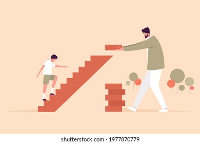 Conceptual illustration of a father building steps for his son to climb up. A father's day concept