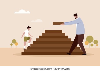 Conceptual Illustration Of A Father Building Steps For His Son To Climb Up A Pyramid. 