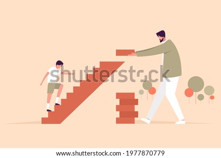 Conceptual illustration of a father building steps for his son to climb up. A father's day concept