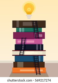 Conceptual Illustration Featuring a Bright Light Bulb Standing on Top of a Tall Stack of Books with Mini Ladders Resting Against Them