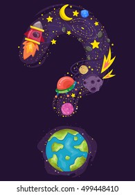 Conceptual Illustration Featuring Different Heavenly Bodies Forming the Shape of a Question Mark