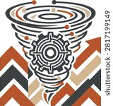 A conceptual illustration featuring a digital gear mechanism spinning inside a vortex or tornado shape, set against an upward-trending chevron arrow background.