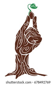 Conceptual Illustration Featuring a Hand Drawn Like the Bark of a Tree Holding a Tiny Sprout