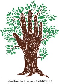 Ilustración conceptual con una mano dibujada como un árbol con hojas que brotan por todas partes