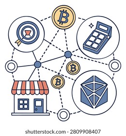 A conceptual illustration featuring icons of cryptocurrency, finance, and retail connected by a network of lines and nodes.