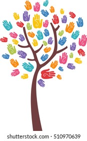 Conceptual Illustration Featuring a Lean Tree with Colorful Hand Prints as Leaves