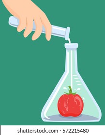 Concept Illustration Feed a Man Pouring Chemicals Innen in einem Kolben mit Tomate Innen