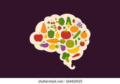 Conceptual Illustration Featuring Nutritious Fruits and Vegetables Packed Inside the Outline of a Human Brain