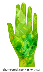 Conceptual Illustration Featuring an Open Palm Decorated with Leaves and Vines - eps10