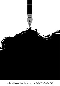 Conceptual Illustration Featuring a White Canvas with a  Fountain Pen Spilling Dark Ink in the Middle