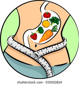Conceptual Illustration Featuring A Woman With A Stomach Full Of Fruits And Vegetables