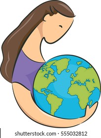 Conceptual Illustration Featuring a Young Woman Embracing a Giant Globe