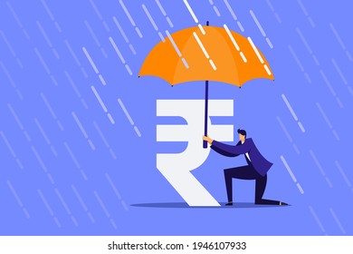Conceptual illustration of a financial expert holding umbrella over the rupee symbol from rain