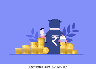 Conceptual illustration of financial experts sitting on stacks of Rupee coins and a big money bag 