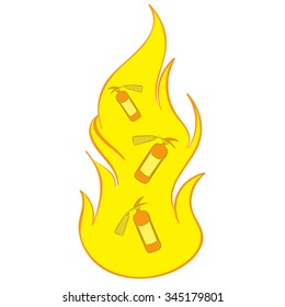 Conceptual illustration with the fire extinguishers burning on fire