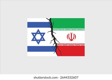 A conceptual illustration of the flags of Israel and Iran separated by a large, jagged crack, symbolizing conflict or division.
