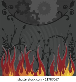 Conceptual illustration with flames and gears.
