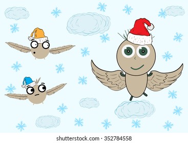 Conceptual illustration with the flying little man and the surprised monsters