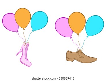 Conceptual illustration with the flying man's and women's shoes