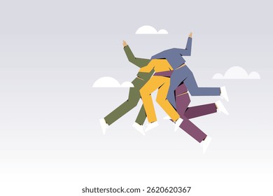 Conceptual illustration of four entangled friends falling down from sky