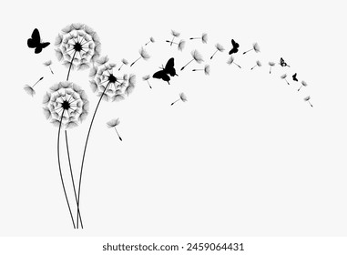 Conceptual illustration of freedom and serenity. Three dandelions blowing in the wind. 